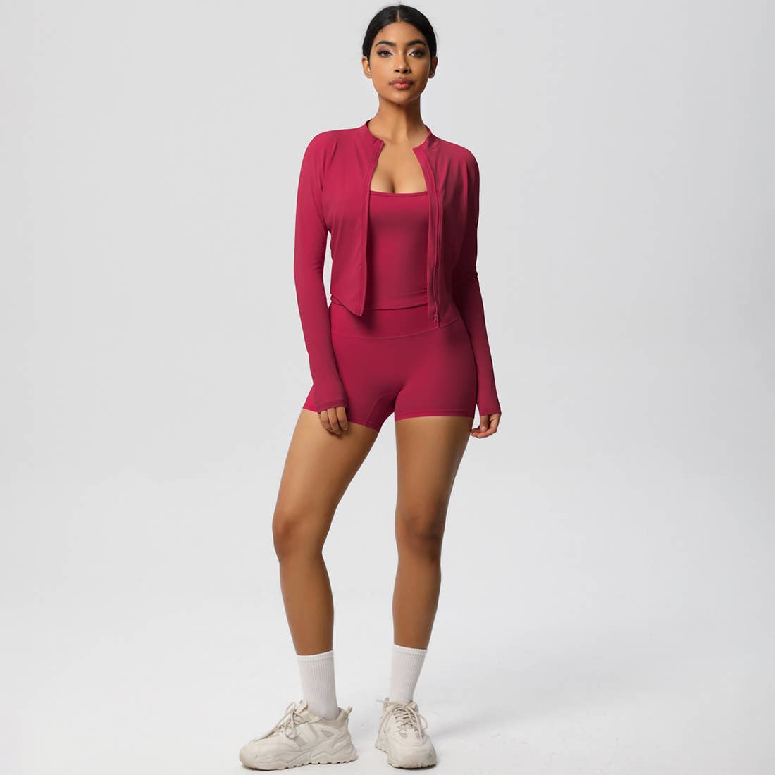 Sodalemon – Conjunto de desporto – Mulher por atacado – Conjunto feminino de yoga justo: top esportivo com interior escovado, jaqueta com zíper e shorts4