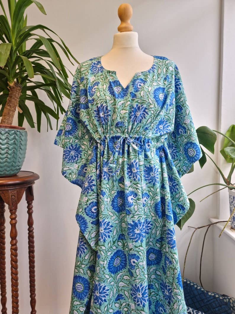 Essential Designs London – wholesale Kaftan – Women's – Pure Cotton Kaftan Kimono in Ocean Aqua Green Soft Blue3