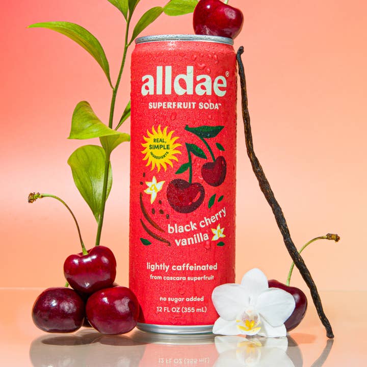 Black Cherry Vanilla Drink | Soda | Lightly Caffeinated Soda for wholesale by alldae superfruit soda
