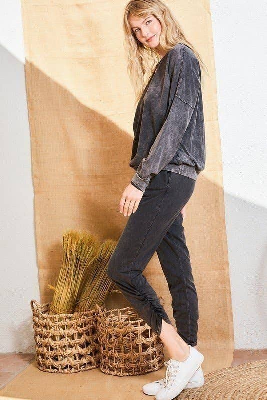 NERO Pantaloni con lavaggio minerale arricciato con fascia elastica in vita in vendita all'ingrosso su Faire6