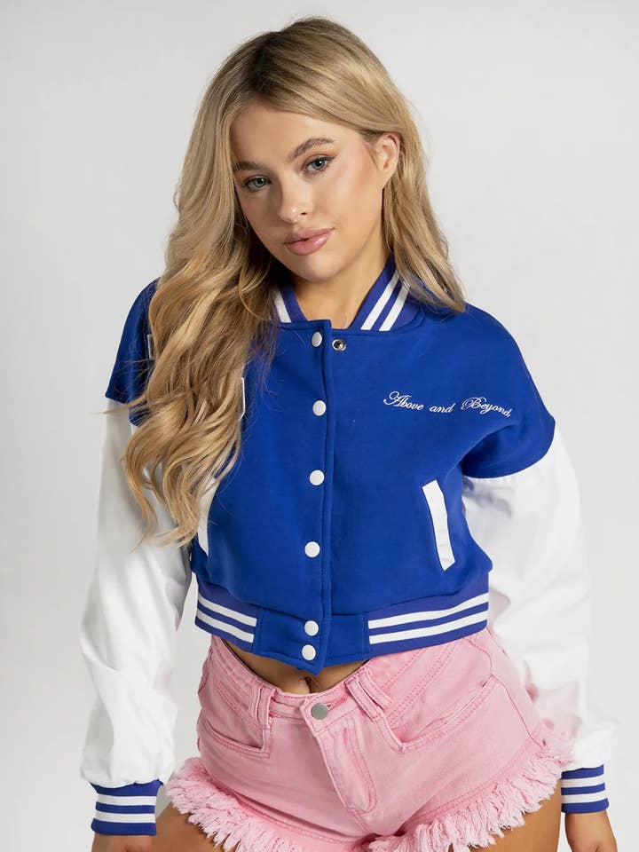 Royal Blue Varsity Slogan Contrast Sleeve Bomber - Hallie for wholesale by Femme Luxe