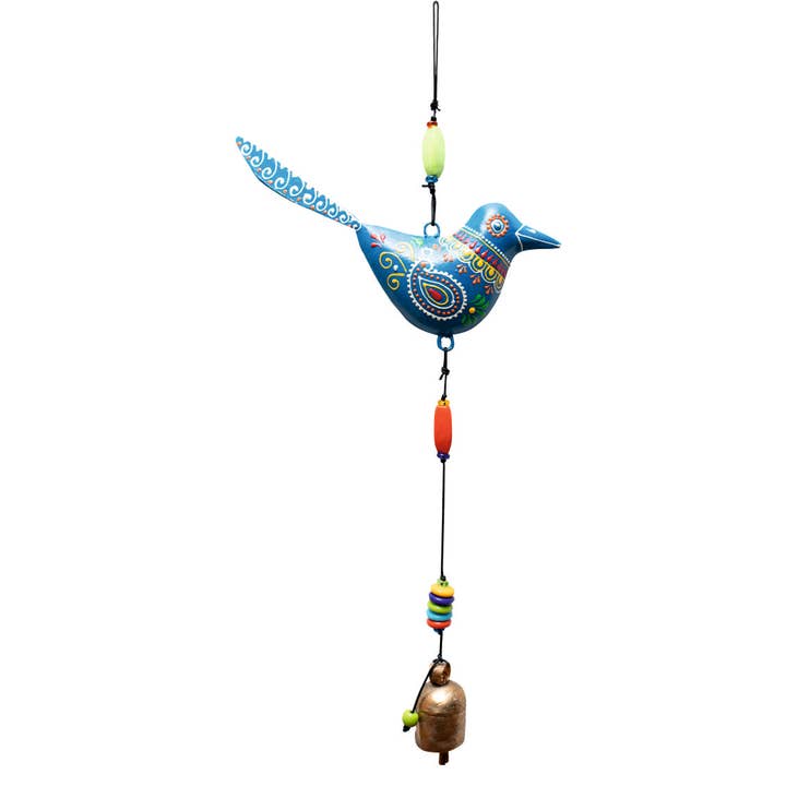 Pájaro Azul/Cortado a Mano/Pintado a Mano/Cuentas y Campana para venta al por mayor de Moksha Imports