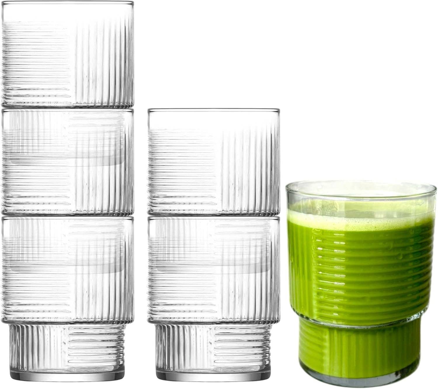 Biomatea - Vendita all'ingrosso Bicchiere/tazza - Set di 6 bicchieri | Bicchieri da 325 ml per matcha | Bicchiere a coste con motivo geometrico | Bicchiere per matcha, frullati, acqua, bibite, bicchieri da bere, IMPILABILI0