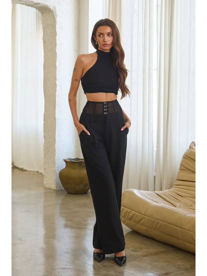 Black Mesh corset hook & eye wide leg woven slacks for wholesale on Faire
