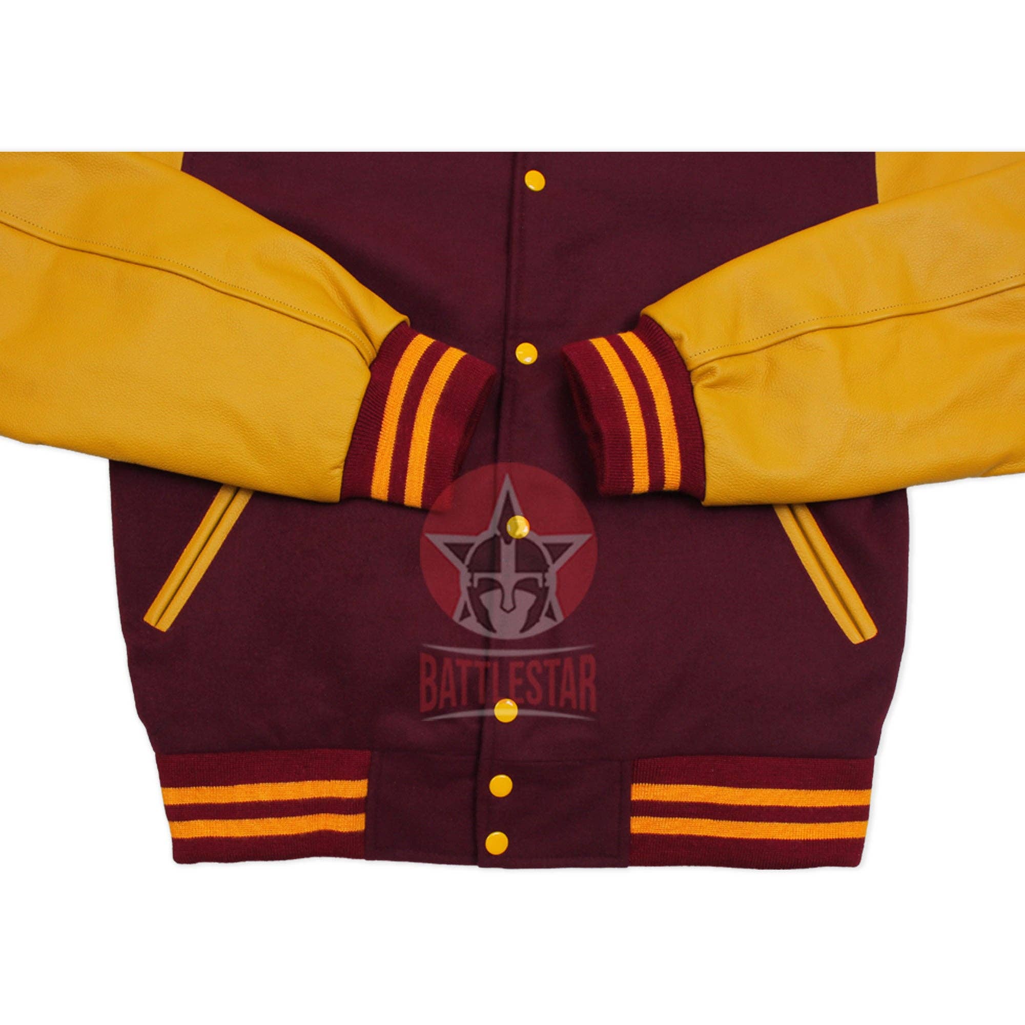 Eastworth Industries - Wholesale Varsity/Baseball Jacket - Men's - Maroon Wool Varsity Jacket Gold Yellow Leather Sleeves2
