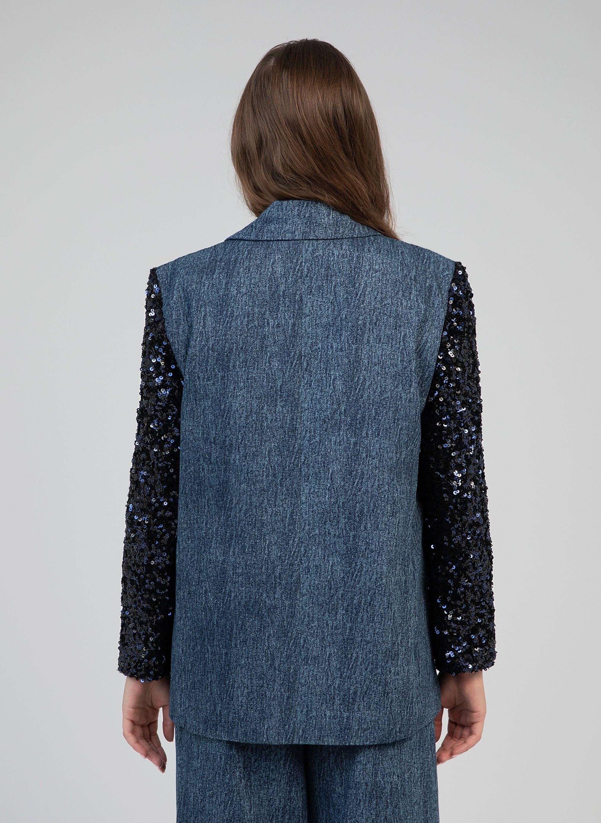 An'ge – Colete - Mulher por atacado – Blazer jeans HOWELA com manga de paetês4