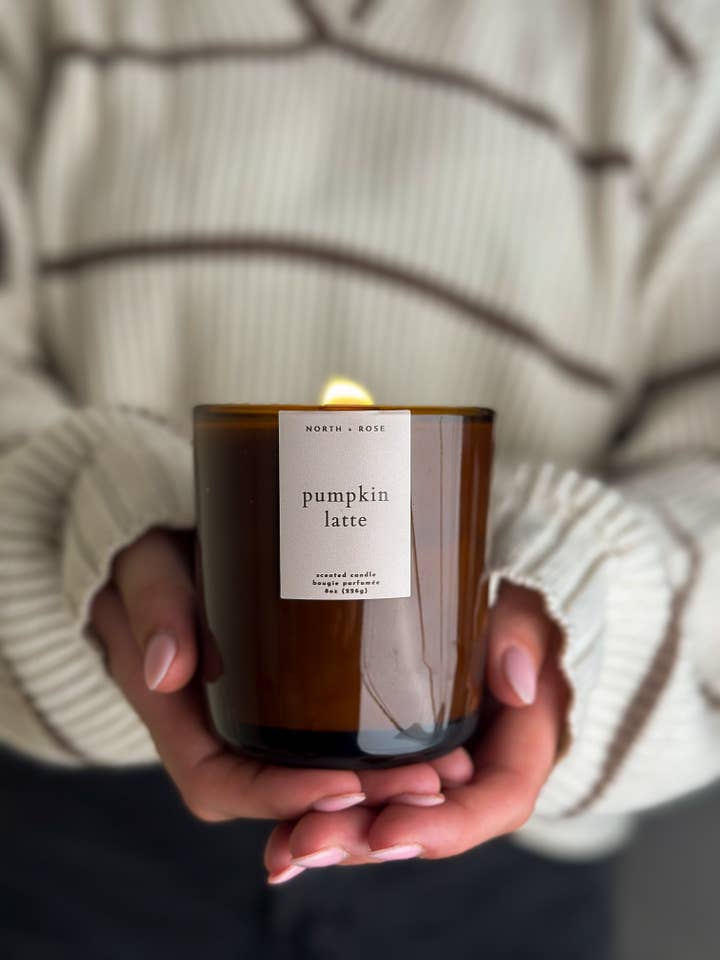8oz Pumpkin Latte Fall Soy Wax Wood Wick Candle for wholesale by North + Rose