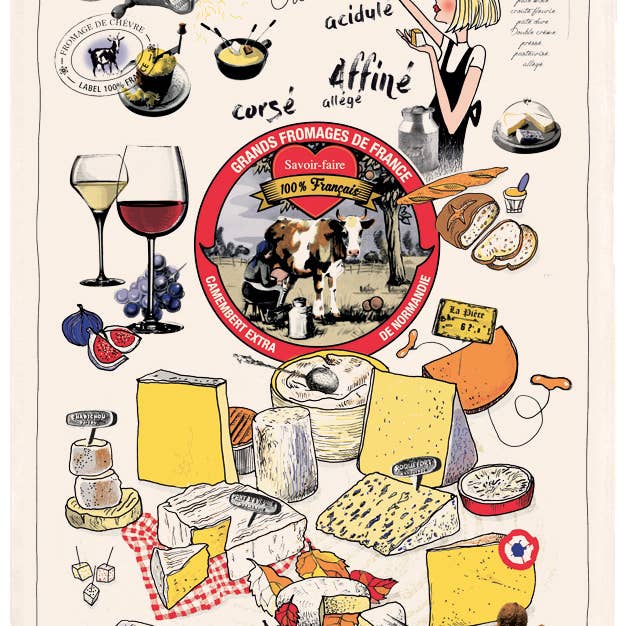Maison Vivaraise & La Cerise sur le Gâteau – Großhandel Geschirrtücher – Les Grands Fromages Geschirrtuch, bedruckt, Ecru, 48 x 72