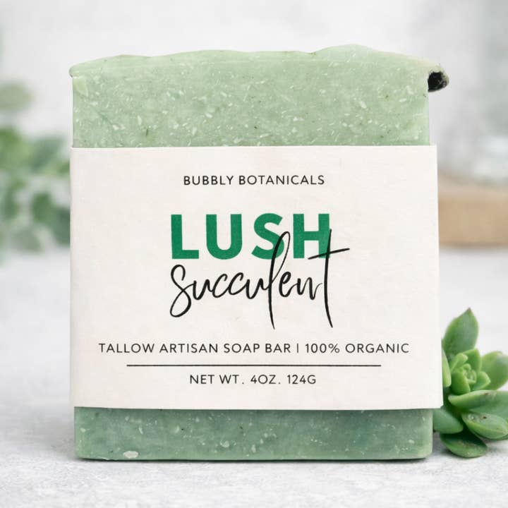 Lush Succulent Tallow Soap. Fresh Green Botanical Bar for wholesale by Bubbly Botanicals