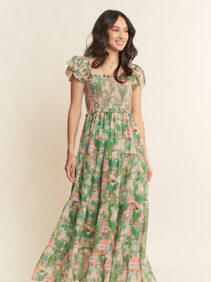 VILLAGE SMOCKING BODICE RUFFLE SLEEVE MAXI DRESS for wholesale by Davi & Dani