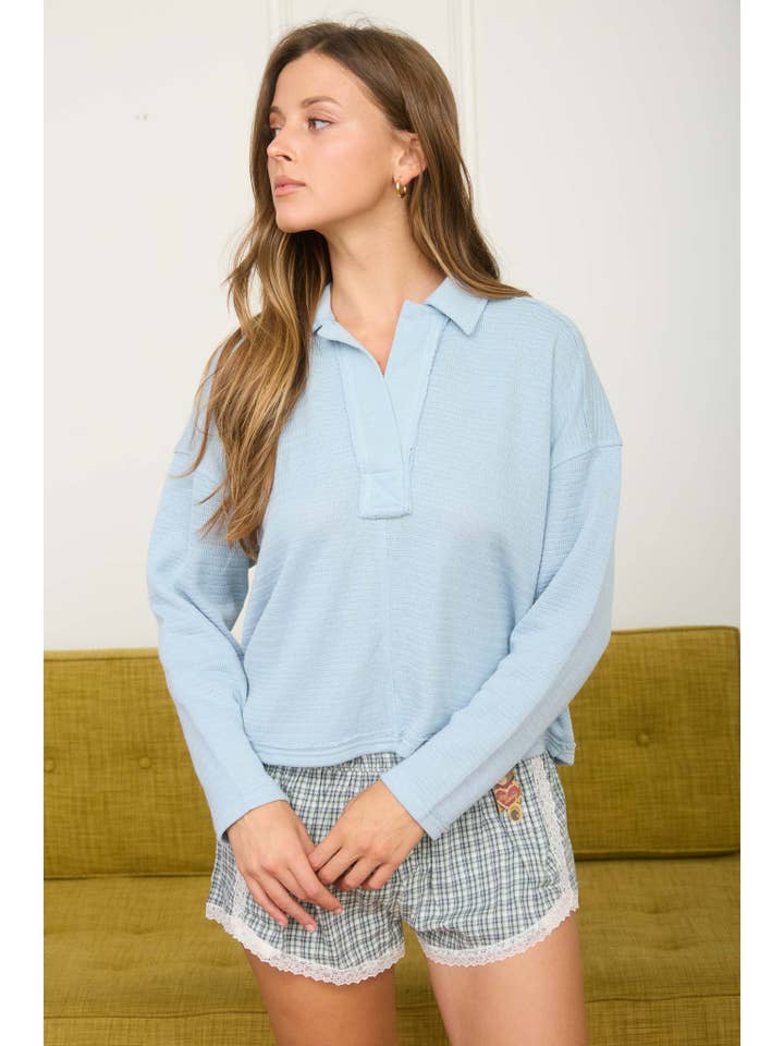 J.O.A - Wholesale Knit Top - Women's - EXPOSED SEAM LONG SLEEVE TEXTURED KNIT POLO13