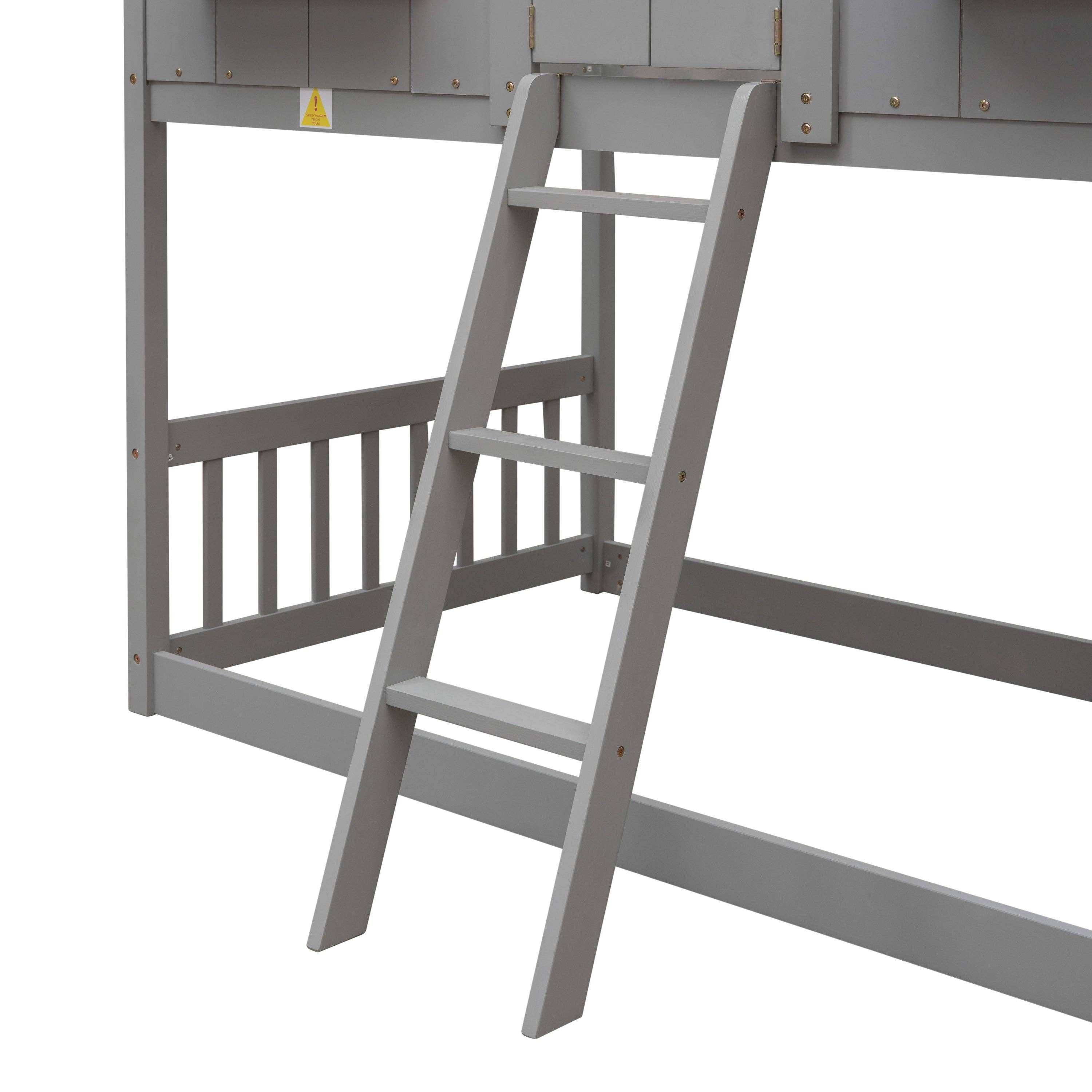39F Inc. - Wholesale Bed - Kids & Baby - Grey Twin over Twin House Bunk Bed with Roof, Guardrails 13
