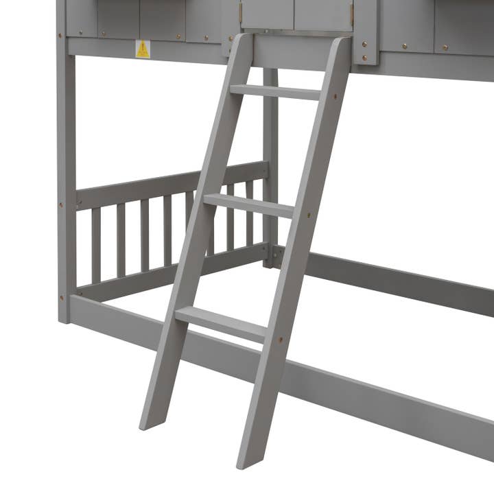 39F Inc. - Wholesale Bed - Kids & Baby - Grey Twin over Twin House Bunk Bed with Roof, Guardrails 13