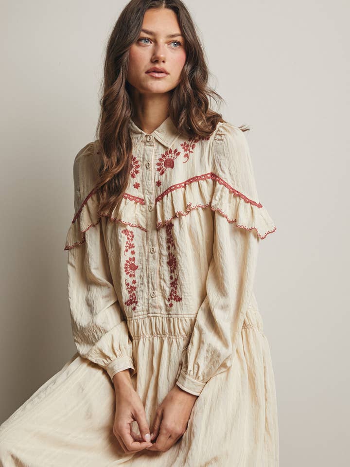 Embroidered Ruffle Trim Maxi Dress FD0018 for wholesale by Forte