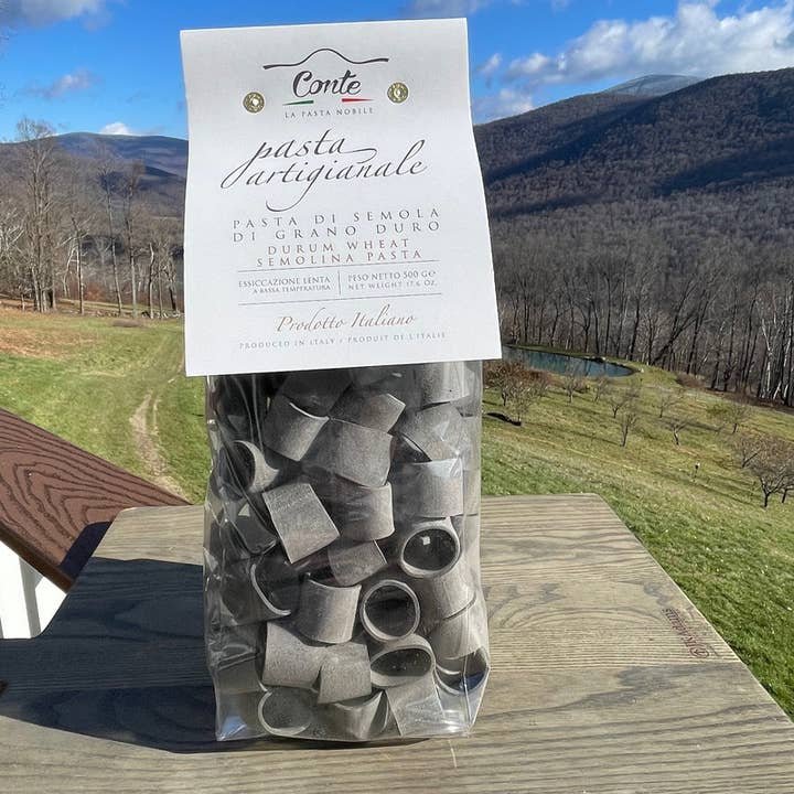 Calamarata Squid Ink pasta made in Calabria, Italy for wholesale by Fortuna's Sausage Co, LLC