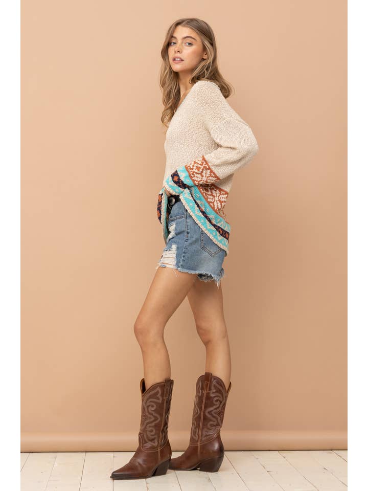 BEIGE 17137W - V-Neck Long SLV Aztec Sweater for wholesale on Faire