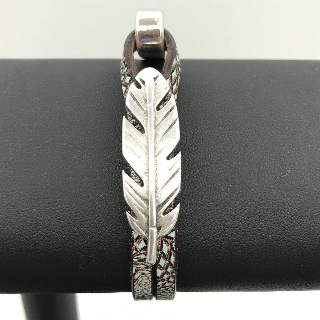 Montana Leather Designs - Wholesale Cuff Bracelet - HC Feather - Silver2