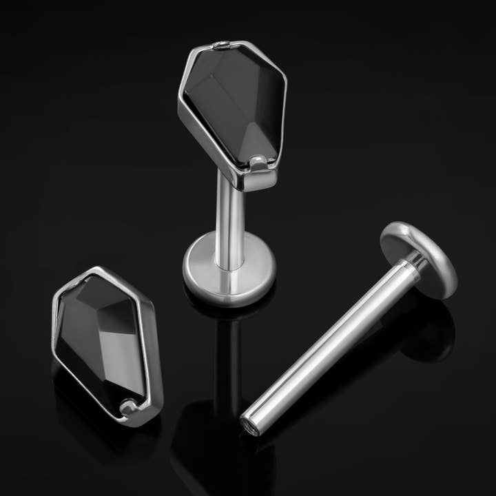 Titanium Internally Threaded Silver Coffin Labret Stud with Black Gem for wholesale by Custom Plugs