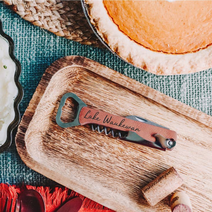 The Lillie Pad - Wholesale Bottle/Wine Opener - Custom Lake Name Wine Bottle Opener -Leatherette, Wood, Cork
