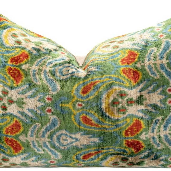 Handmade Velvet Ikat Pillow 16x24 Green Yellow Red for wholesale by Canvello