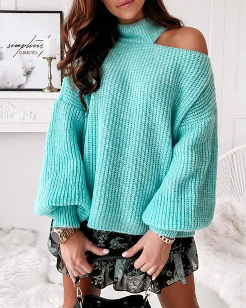 Queen Fashion - Wholesale Pullover-trui - Dames - Grof gebreide trui met lantaarnmouwen en koude schouders1