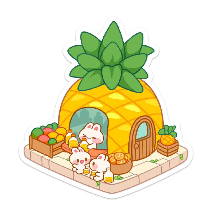 Rabbit Pineapple Juice Shop Waterproof Vinyl Sticker for wholesale by Meowashi Studio