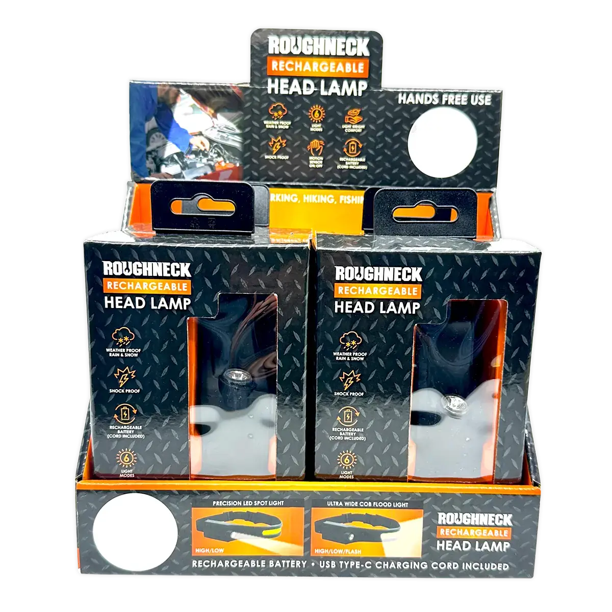 Novelty Brands - Wholesale Retailer Display - Accessories - Roughneck Rechargable Headlamp Flashlight - 4/Display6