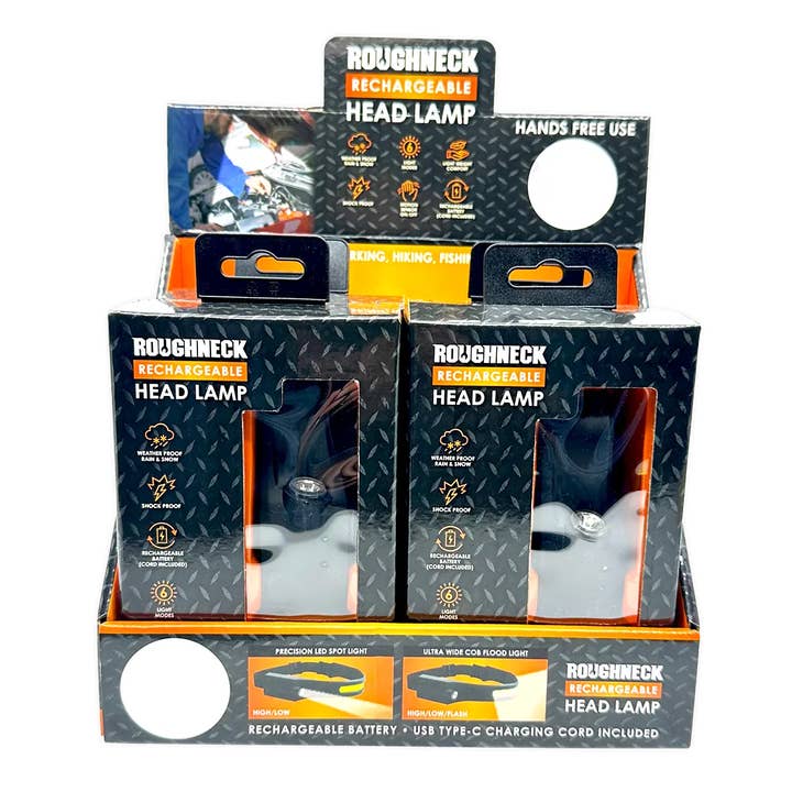 Novelty Brands - Wholesale Retailer Display - Accessories - Roughneck Rechargable Headlamp Flashlight - 4/Display6