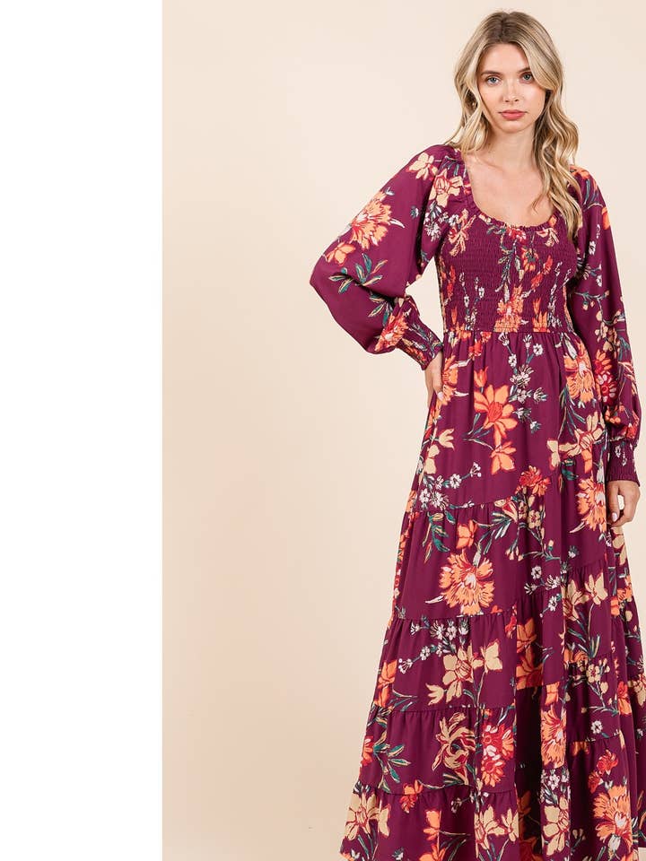 mittoshop – wholesale Dress – Women's – FLOWER PRINT SMOCKED DIAGONAL TIERED MAXI DRESS0