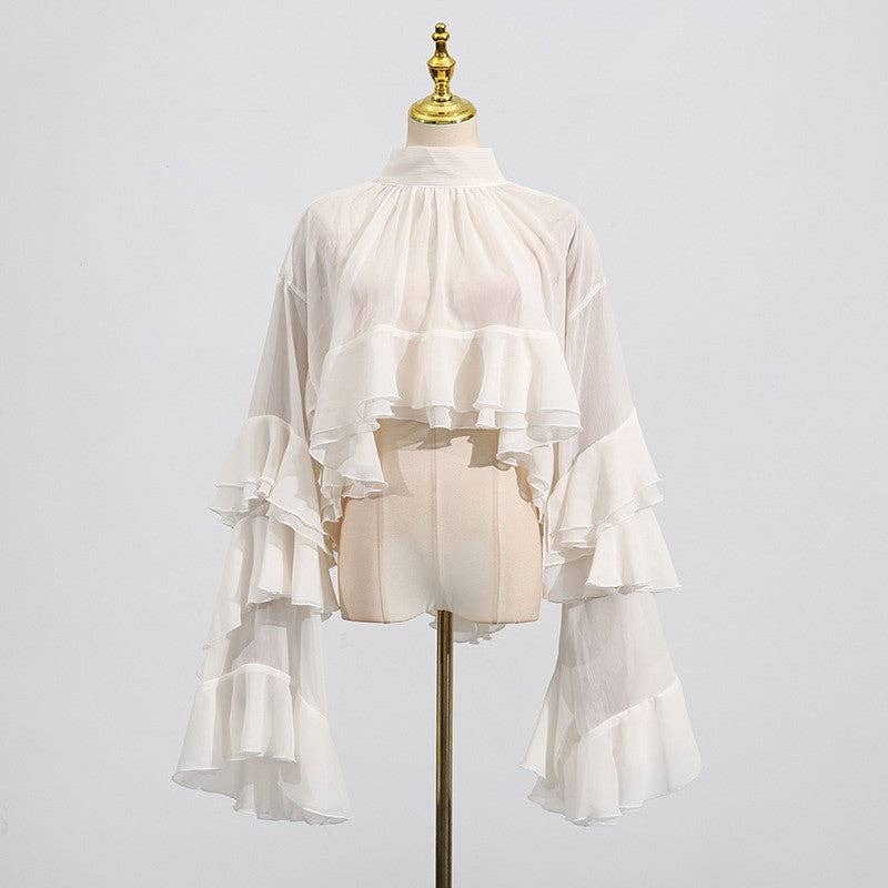 FurDecoration - Vente Chemisier – femme - Haut à manches longues avec bordure en dentelle ajourée1