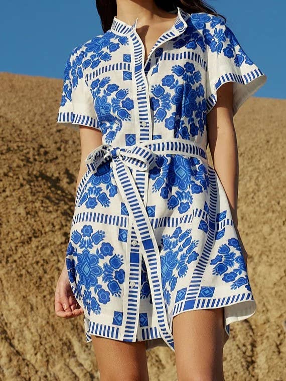 Blue Resort Geometric Flowers Unique Print Belted Dress for wholesale on Faire
