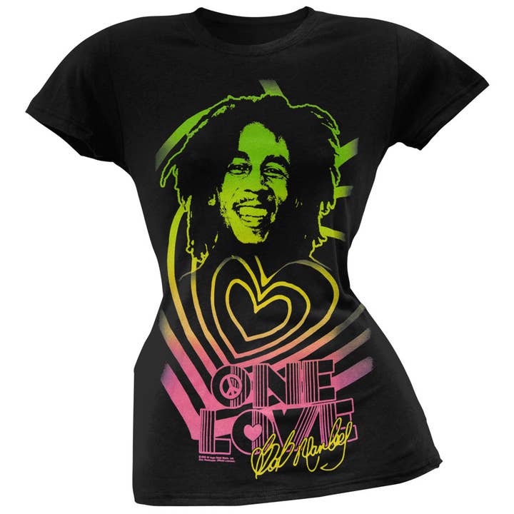 Official Store - Wholesale Screen Printed T-Shirt - Women's - Bob Marley - One Love Ripple Hearts Women's Juniors T Shirt