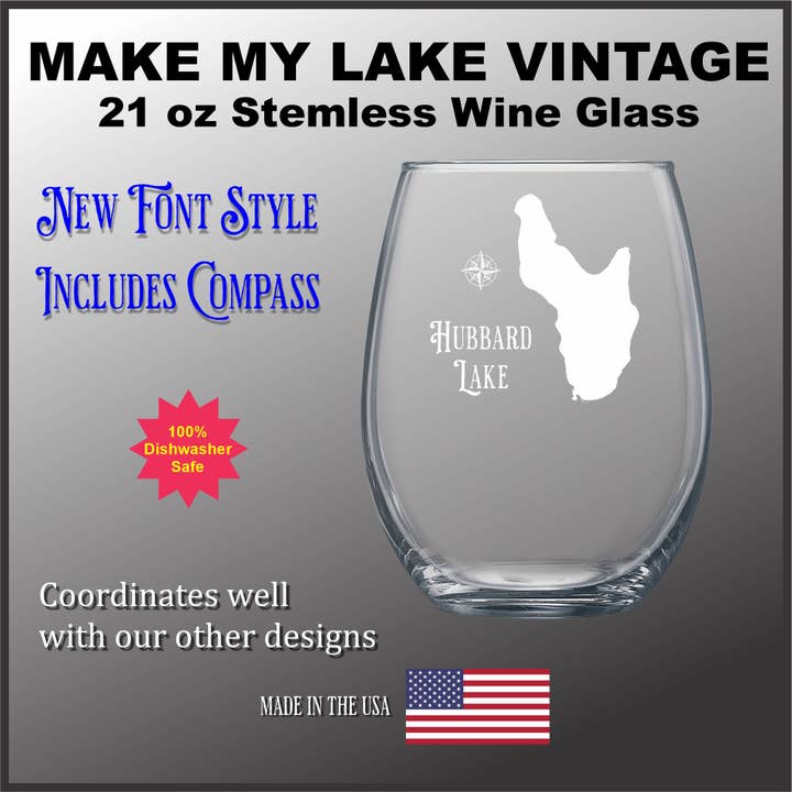 Make My Lake Vintage 21 oz Stemless Wine Glass for wholesale by Adirondack Etching LLC