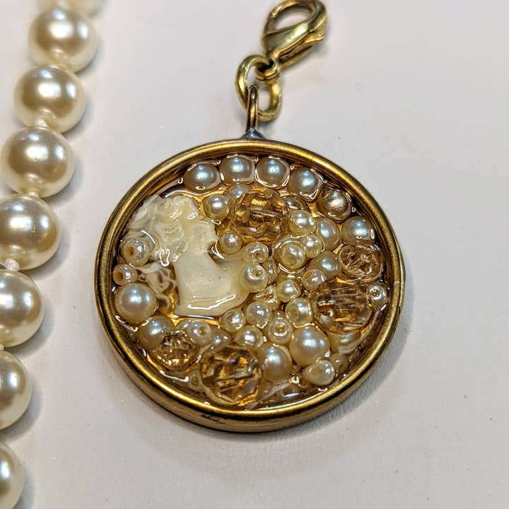 Gay Isber Designs - Wholesale Pendant/Charm Necklace - 2 Removable Cameo Pendants + Hand Knotted Round Vintage Japan Pearls Necklace Gay Isber Sister Collection