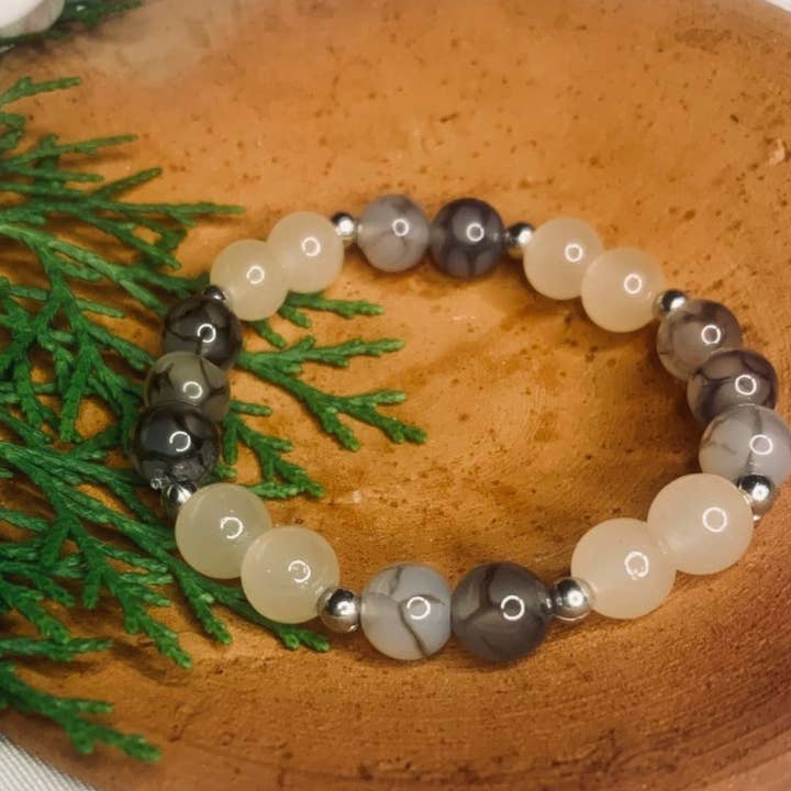 Pulseira de Contas de Pedra Natural de Ágata – Cinza, Branco e Creme por atacado de Hadi Craft