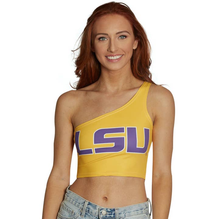 LSU Yellow One Shoulder Top for wholesale by Lojo Collegiate Apparel