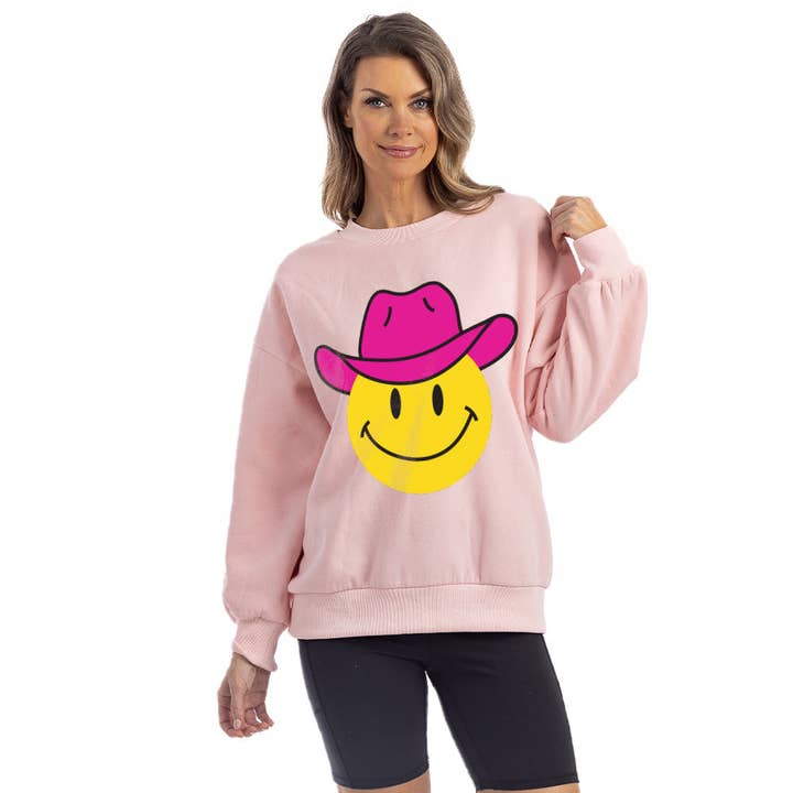 Katydid - Venta al por mayor Sudadera estampada - Mujer - Sudadera con cara feliz y sombrero vaquero rosa