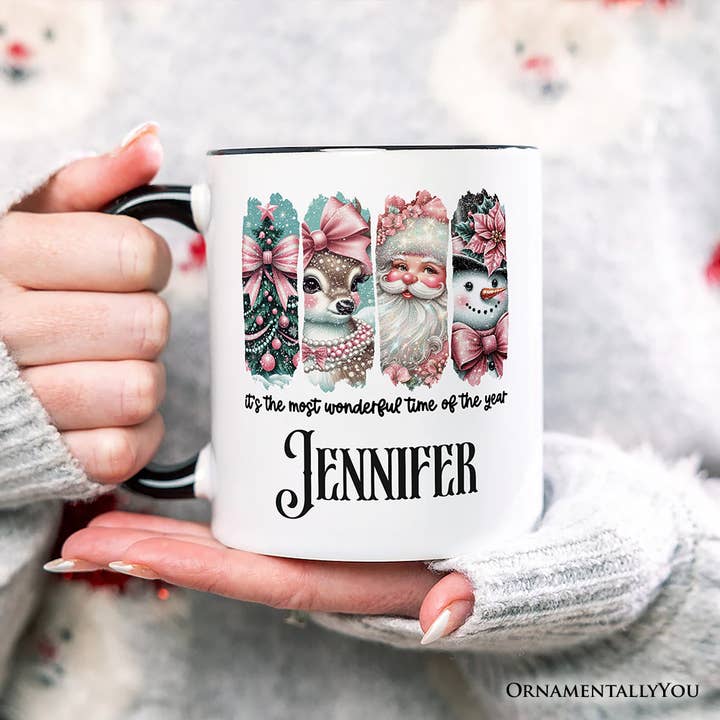 White Black Handle Coquette Pink Christmas Personalized Mug, Time Of The Year for wholesale on Faire4