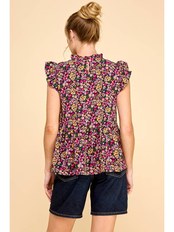 Black Floral Printed Top with Ruffled Neck and Sleeves for wholesale on Faire
