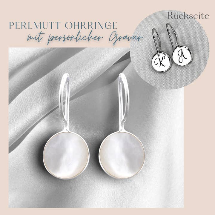 MadamLili - Wholesale Dangle Earrings - Personalised 925 Sterling Silver Mother of Pearl Earrings with ENGRAVING - Minimalistic White Jewellery - OHR925-577
