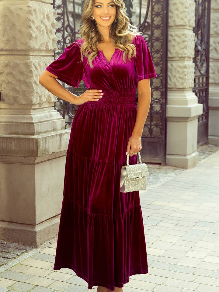 Dahlia Velvet Short Sleeve Shirred Waist Tiered Maxi Dress for wholesale by 1 the Woman