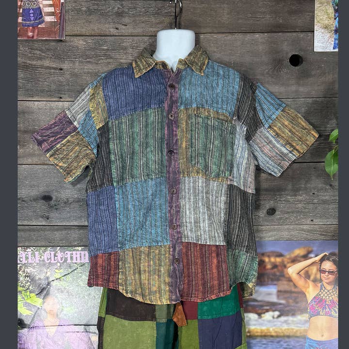 Nepali Striped Patchwork Over dyed Cotton Hippie Shirt for wholesale by Jayli Clothing