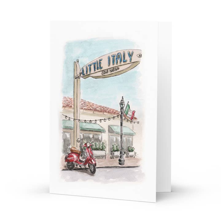 Carte Rêves de Vespa dans la Petite Italie – Aquarelle de San Diego pour la vente par Swil Arts