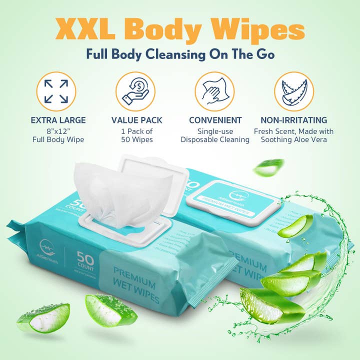 AllSett Health - Wholesale Face & Body Wipes - Body Wipes for Adults - XL Wet Wipes 8" x 12" (50 count) | Rinse Free Bathing Wipes - Wash Cloths for incontinence, Disposable Washcloths with Aloe Vera and Vitamin E - Camping, Elderly, Bathing