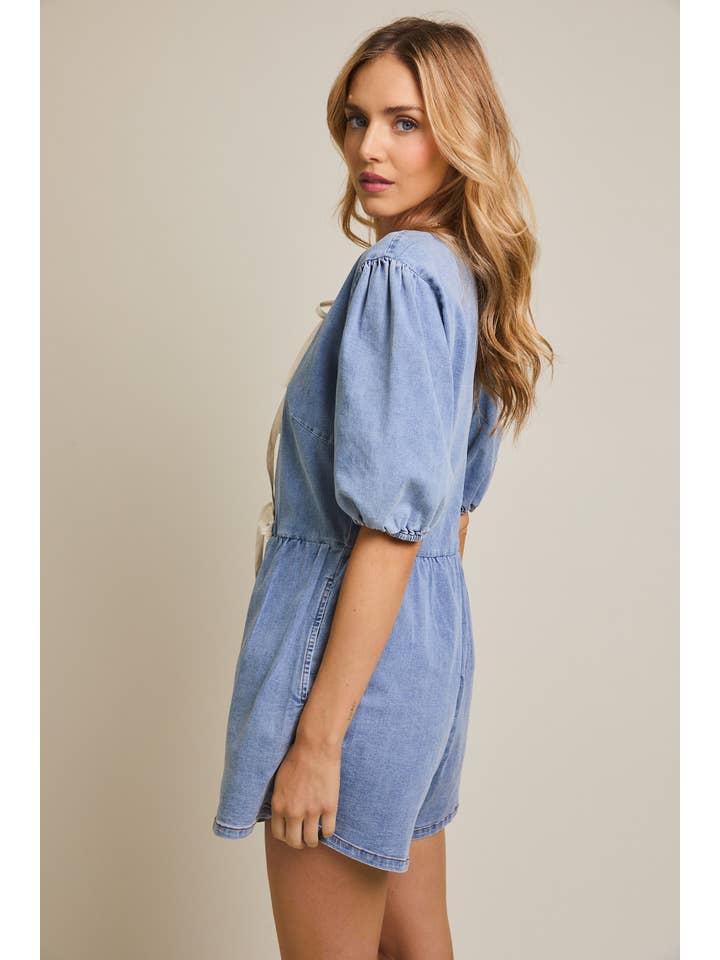 FRONT TIE PUFF HALF SLEEVE DENIM ROMPER for wholesale on Faire