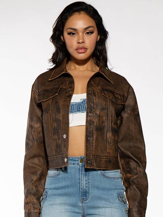 Vintage Textured Button Up Vegan Leather Jacket for wholesale by Rehab Lab