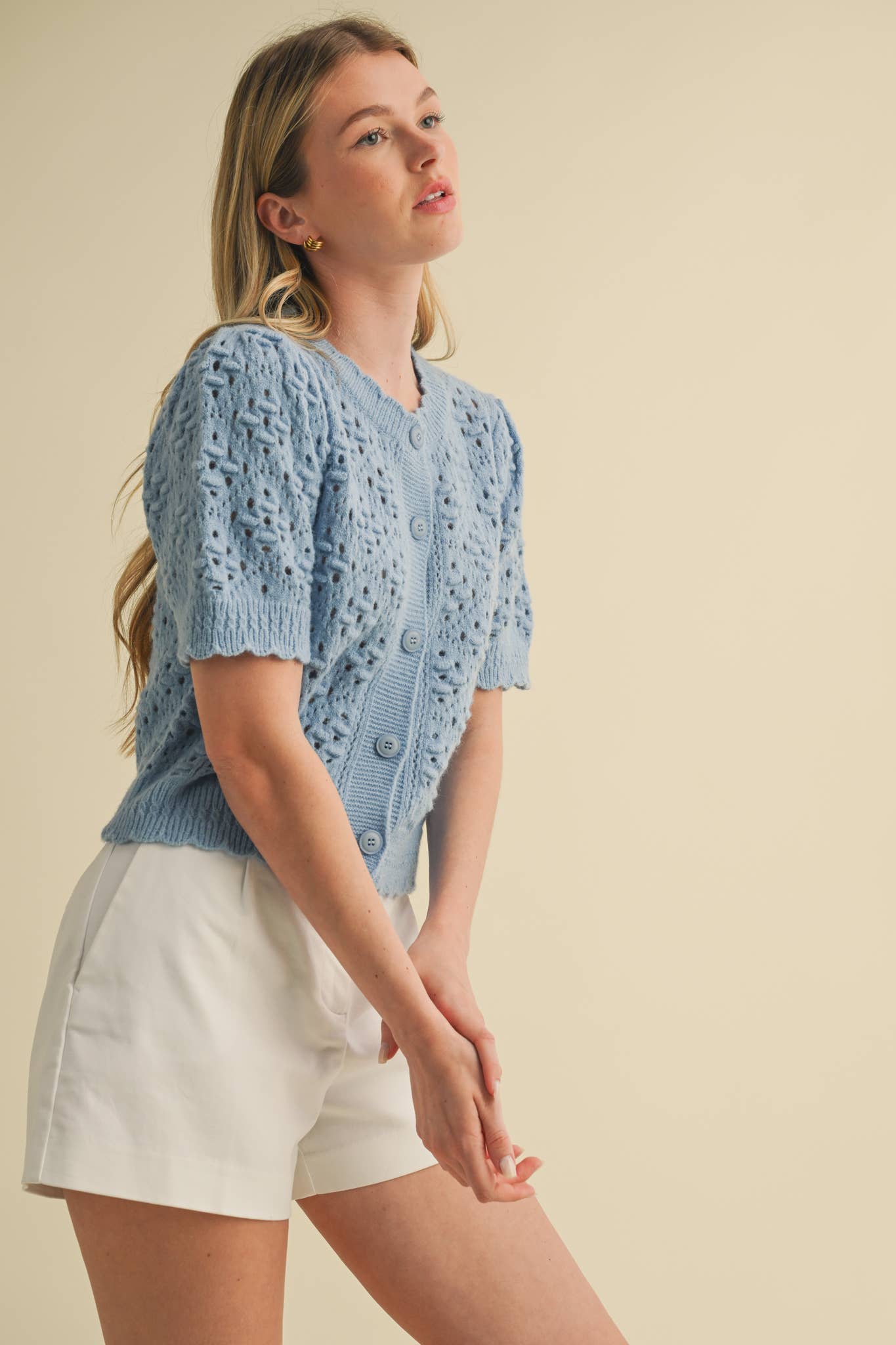 &MERCI - Wholesale Cardigan - Women's - CROPPED POINTELLE BUTTON DOWN SWEATER CARDIGAN MSW1085757