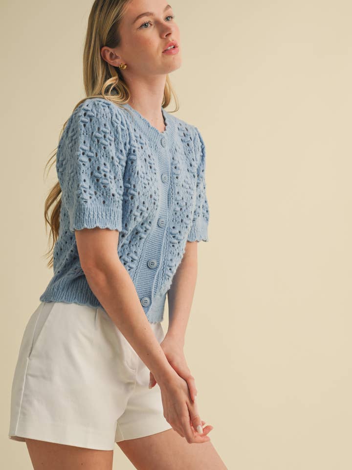 &MERCI - Wholesale Cardigan - Women's - CROPPED POINTELLE BUTTON DOWN SWEATER CARDIGAN MSW1085757