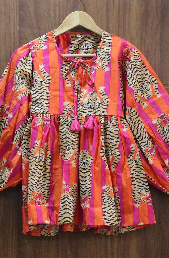 bhavnas boutique - Vendita all'ingrosso Vestito - Donna - Vestito midi con stampa a blocchi Arancione a righe e tigri2