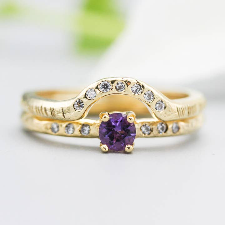 Set of 2 Amethyst Rings with Diamonds on 14k Gold Bands for wholesale by Metal Studio Jewelry